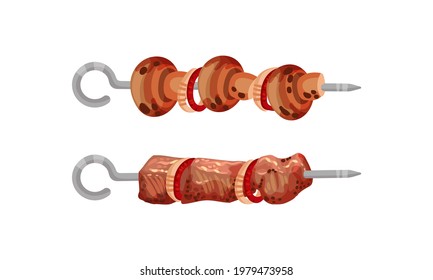 Meat and Vegetables Slabs Skewered on Metal Spits Vector Set