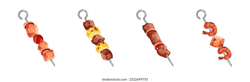 Meat and Vegetables Slabs Skewered on Metal Spits Vector Set