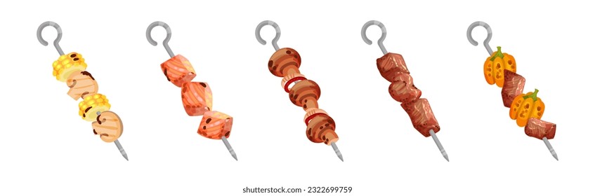 Meat and Vegetables Slabs Skewered on Metal Spits Vector Set