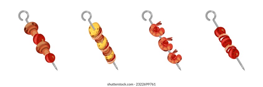 Meat and Vegetables Slabs Skewered on Metal Spits Vector Set
