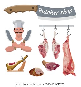 Meat vendor sells his fresh meat products at local market. Vector illustration isolated on white background
