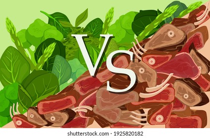 Meat versus vegetables clipart. Confrontation between vegans and meat lovers battle between supporters clean green eco food and fans carse fried vector steaks.