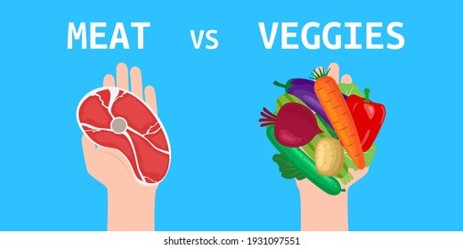 meat versus veggies. hands holding fresh vegetables and beef steak vegetarian concept vector illustration