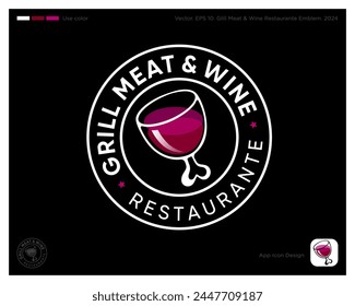 Meat and Wine logo. Grill restaurant. Wineglass with meat bone.