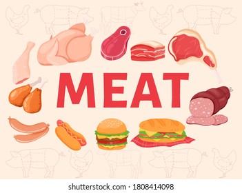 Ilustración vectorial de palabra de carne. Caricatura varios alimentos de carne cruda o yummy cocinados, carne de ternera de cerdo, muslos de pollo y salchichas, comida rápida de perro caliente hamburguesa con carnes grabadas fondo de afiche