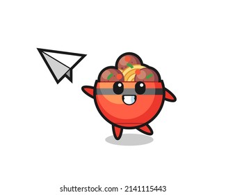 meatball bowl cartoon character throwing paper airplane , cute design