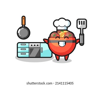 meatball bowl character illustration as a chef is cooking , cute design