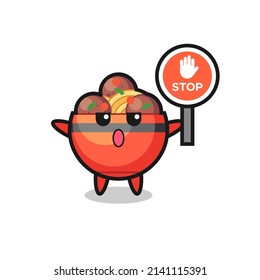 meatball bowl character illustration holding a stop sign , cute design
