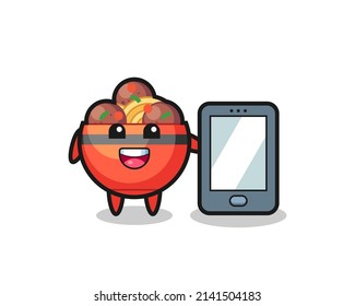 meatball bowl illustration cartoon holding a smartphone , cute design