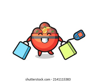 meatball bowl mascot cartoon holding a shopping bag , cute design