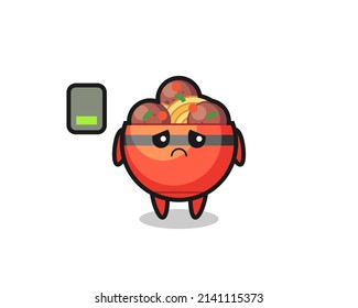 meatball bowl mascot character doing a tired gesture , cute design