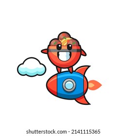 meatball bowl mascot character riding a rocket , cute design