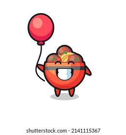 meatball bowl mascot illustration is playing balloon , cute design