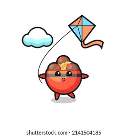 meatball bowl mascot illustration is playing kite , cute design