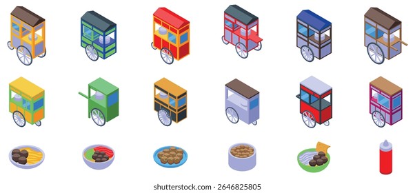  Meatball cart icons set. Isometric set of colorful bakso carts and bowls, showcasing indonesian street food culture and cuisine