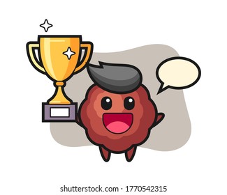 Meatball cartoon happy holding up the golden trophy