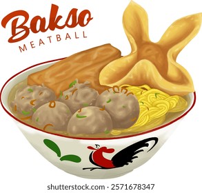 meatball illustration in watercolour style, Using a white bowl with the distinctive chicken logo, plus tofu, dumplings, fried onion sprinkles and sliced spring onions