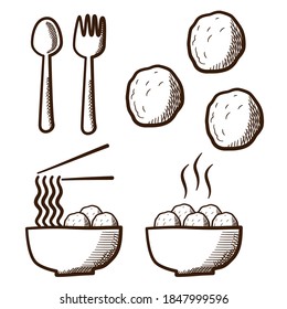 Meatball and noodle handdrawn illustration vector