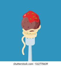 Meatball on fork with spaghetti and tomato sauce with herbs vector illustration