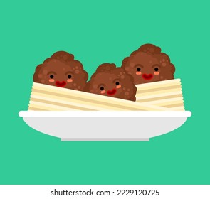Meatball with pasta cartoon food. Vector illustration.