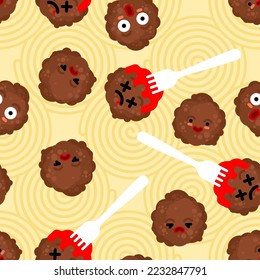 Meatball with pasta pattern seamless. food background. Vector texture