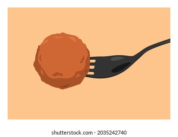 Meatball stabbed on fork. Simple flat illustration.