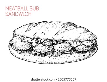 Meatball sub sandwich sketch. Hand drawn vector illustration. not AI