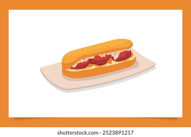 um sanduíche contendo almôndegas, queijo e ketchup, servido em um rolo de hoagie. É bom para logotipo ou menu no café, restaurante, caminhão de alimentos, etc.