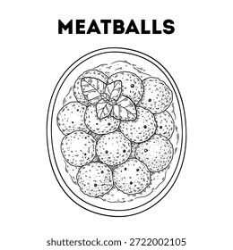 Meatballs dish sketch. Vector drawing  illustration. Italian food. Italian cuisine. Hand drawn. Top view. Not AI Generated.