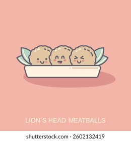 Meatballs Flat Icon, Vector Symbol Illustration. Traditional Chinese food. Cute kawaii icon with thin outline