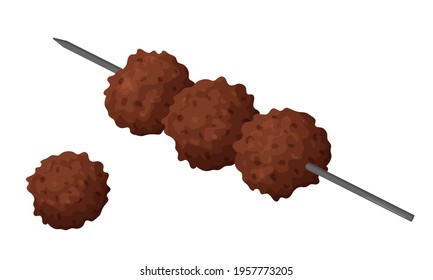 Meatballs fried on a skewer. Food, ready-made meat dish. Flat cartoon style. Color vector illustration isolated on a white background.