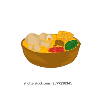 Meatballs with large pentol filled with egg vegetable spicy red chili sauce and dumplings in a brown bowl.