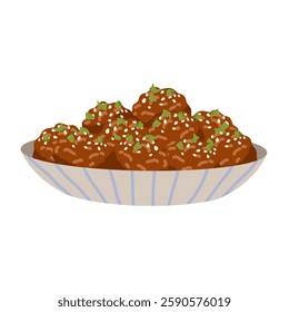Meatballs on a plate vector hand drawn illustration. National Meatball Day. Delicious cooked meat food for print, sticker, logo, web