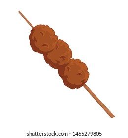 Meatballs on wooden stick skewer with meat vector isolated dish with bread crumbs bbq grilled pork, or poultry chicken or swine products barbeque snack doner turkish style of serving flat style