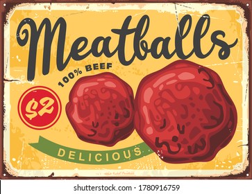 Meatballs poster design in retro style. Vintage vector sign for restaurants.