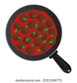 meatballs with tomato sauce in frying pan top view vetor illustration