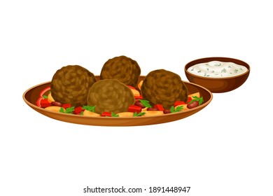 Meatballs with Vegetables Served with Sour Cream Sauce as Syrian Cuisine Dish Vector Illustration