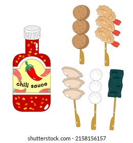 Meatballs and Wonton Skewers with Chili Sauce in vector