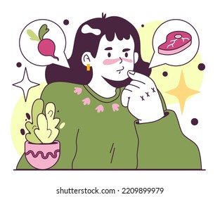 Meat-eating vs vegetarianism choice. Female character with making a decision between steak and vegetable. Diet comparison. Flat vector illustration