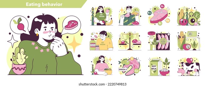 Comer carne frente a elegir el vegetarianismo. Carácter femenino con una decisión entre filete y verdura. Comparación dietética, pros y contras. Ilustración vectorial plana