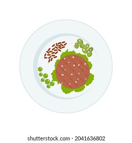 Meatless burger patty. Meat free grilled vegan steakes, healthy food.Green leaves, mung beans, brown rice,pea on the plate.  Vegan concept. Organic natural vegetarian food. Vector flat illustration.