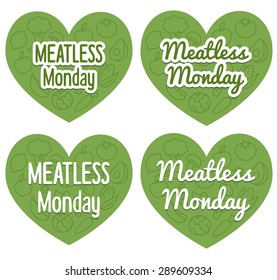 Meatless Monday heart shaped banners with subtle pattern of mixed fruits and vegetables. Two different styles and fonts.
