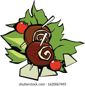 Meatloaf with cherry tomatoes on lettuce leaves. Pop art. Retro style. Vector illustration