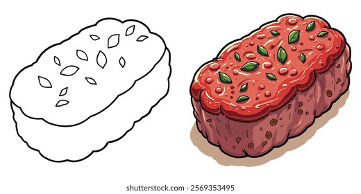 Meatloaf Line Art Vector Illustration Black and White with Coloring Sample. Bold and Easy Food and Snacks Coloring Pages for Adults and Kids.