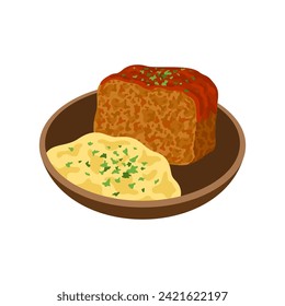 Meatloaf with mashed potato on plate vector illustration