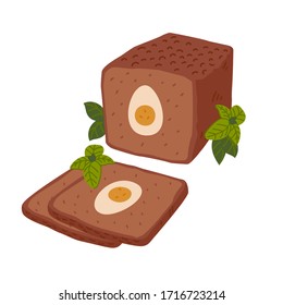 Meatloaf. Meat delicatessen on white background. Slices of baked meatloaf with boiled eggs for Easter. Simple flat style vector illustration