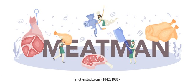 Encabezado tipográfico de carnicero. Carne fresca y productos semiacabados con jamón y salchichas, carne de res y cerdo. Trabajador del mercado de la carne. Ilustración vectorial aislada