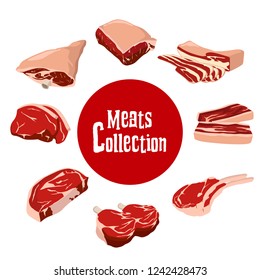 Meats Collection Vector Illustration. The Butcher Products. Beef and Pork