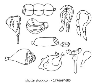 Iconos de doodle de carne establecidos en el vector. Colección de iconos de carnes dibujadas a mano. Recopilación de ilustraciones de carnes de doodle