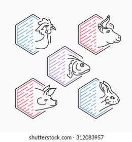 Meats line icons' vector set. Isolated, empty outline graphical symbols, marks, labels, logos for package, advertising and menu.  